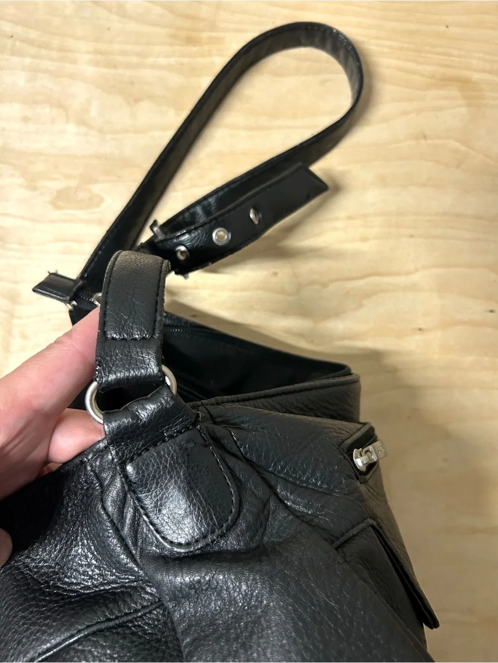 Stone & Co. Black Pebbled Leather Shoulder Bag with Silver Hardware